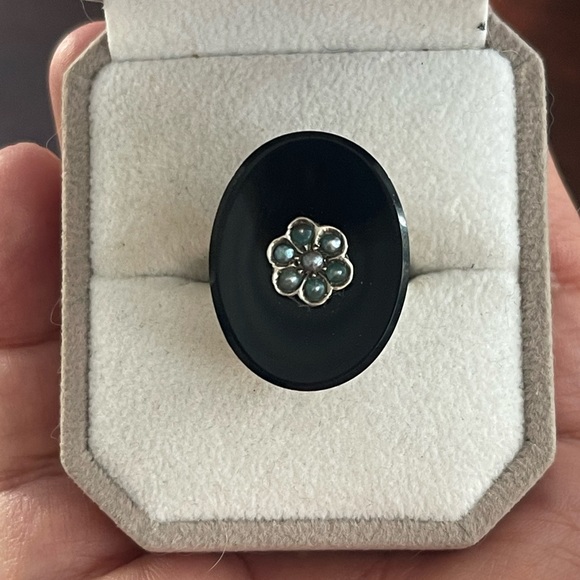 Antique Victorian style black onyx & pearl solid sterling silver size 6.75 ring - Picture 8 of 10